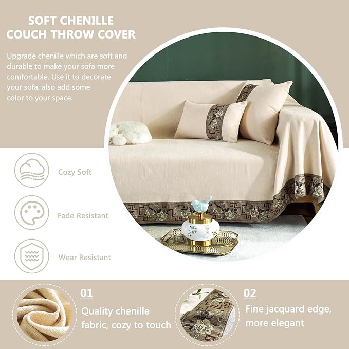 DREAMINGO Beige Couch Cover - Damask Jacquard Edge, Solid Color Modern Texture Sofa Covers for 3 Cushion Couch, Thick Chenille Sofa Slipcovers for Dogs Cats Washable, XX-Large 71"x150"