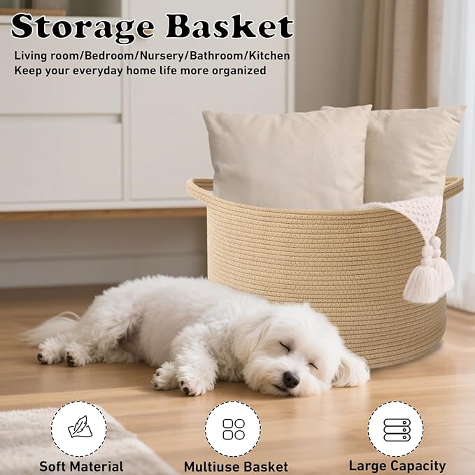 Large Blanket Basket for Organizing,65L Closet Organizers and Storage Bins Box for Shelves Woven Rope Storage Baskets,Living Room,Bedroom,Dorm,Laundry room (Camel)