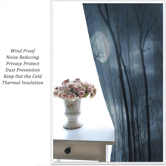 Forest Moon Gothic Blackout Curtains, Black Nature Tree Scenery Foggy Woodland Landscape Art Printed Window Drapes, for Living Room Bedroom 21(W)*45(L) 2 Panels
