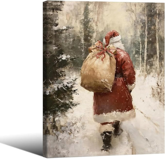 Santa Claus in Winter Forest Poster Vintage Christmas Holiday Canvas Wall Art 12x16 inch Framed Cozy Nature Christmas Tree Oil Painting Prints for Cottagecore Bedroom Wall Decor