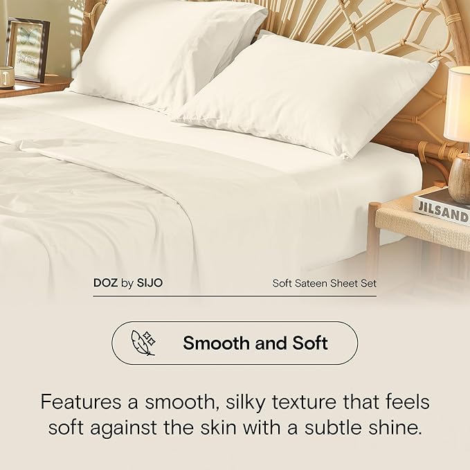 DOZ 100% Long Staple Cotton Duvet Cover Set, Soft Sateen Weave, Smooth, Breathable, Hotel Comfort, 90"x90", 8 Loops, 3pc – 2 Pillowcases 1 Duvet Cover (Ivory, Full/Queen)