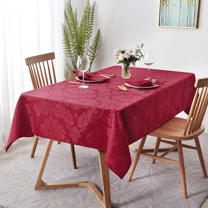 maxmill Jacquard Table Cloth Damask Design Water Proof Wrinkle Free Heavy Weight Soft Tablecloth Decorative Fabric Table Cover for Outdoor and Indoor Use Rectangular 60 x 104 Inch Ruby Red