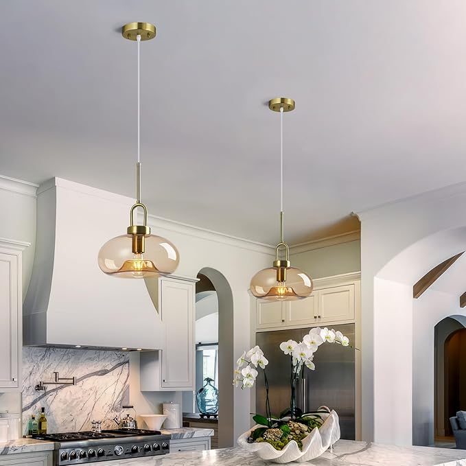 Light Brown Glass Pendant Lights Kitchen Island Gold Pendant Light Fixtures Adjustable Height Modern Pendant Lighting for Bedroom Dining Room (1-Pack)