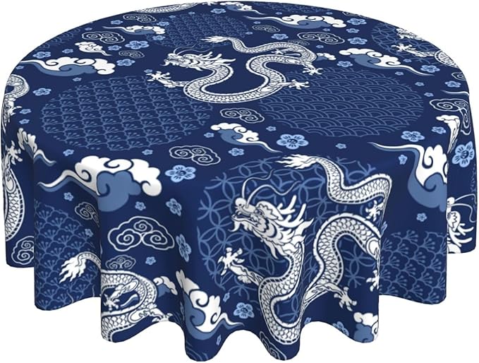Japanese Tablecloth Round, Blue Traditional Zodiac Dragon Vintage Asian Style Oriental Water Resisitant Table Cover for Dining Kitchen Living Room Home Party Holiday Decor 70 inch Round