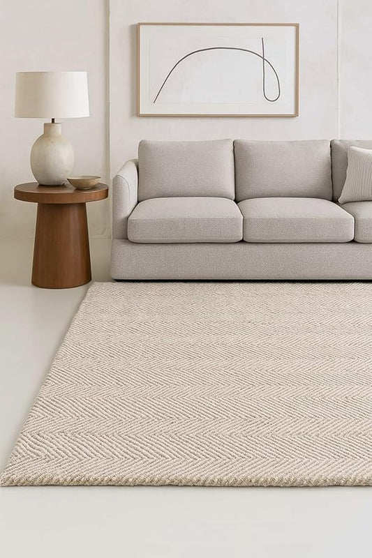 Modern Herringbone Chevron Collection Handcrafted Wool Area Rug - Durable, Zigzag Pattern, for High Traffic, Contemporary Design for Living Room, Bedroom, Dining Room Decor (Sand Beige, 10' x 14')