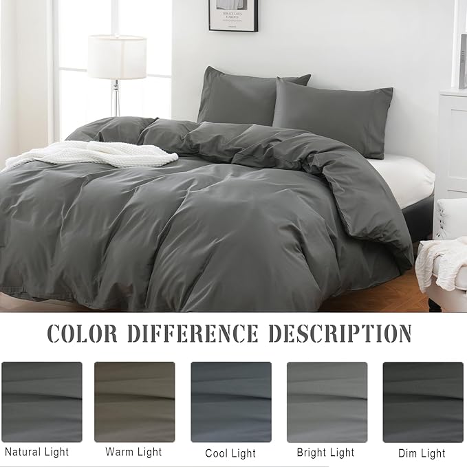 100% Organic Cotton Duvet Cover King 400 Thread Count Sateen Comforter Cover Soft and Breathable Cooling Bedding Set 3 Piece（Dark Grey,King）