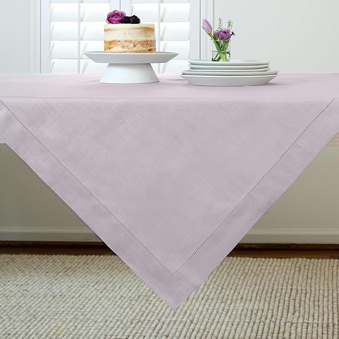 Solino Home Lilac Linen Tablecloth 52 x 52 Inch - 100% Pure Linen Square Table Throw - Classic Hemstitch, Machine Washable Table Cloth for Fall, Autumn, Thanksgiving, Christmas