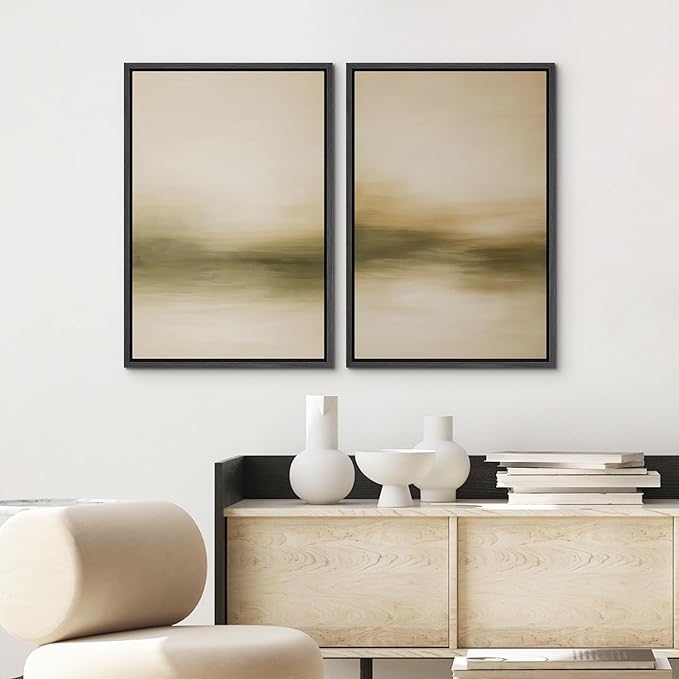 SIGNWIN Framed Canvas Print Wall Art Set Golden Horizon Mist Neutral Beige and Olive Gradient Abstract Landscape Zen Bohemian for Living Room, Bedroom, Office - 16"x24"x2 BLACK