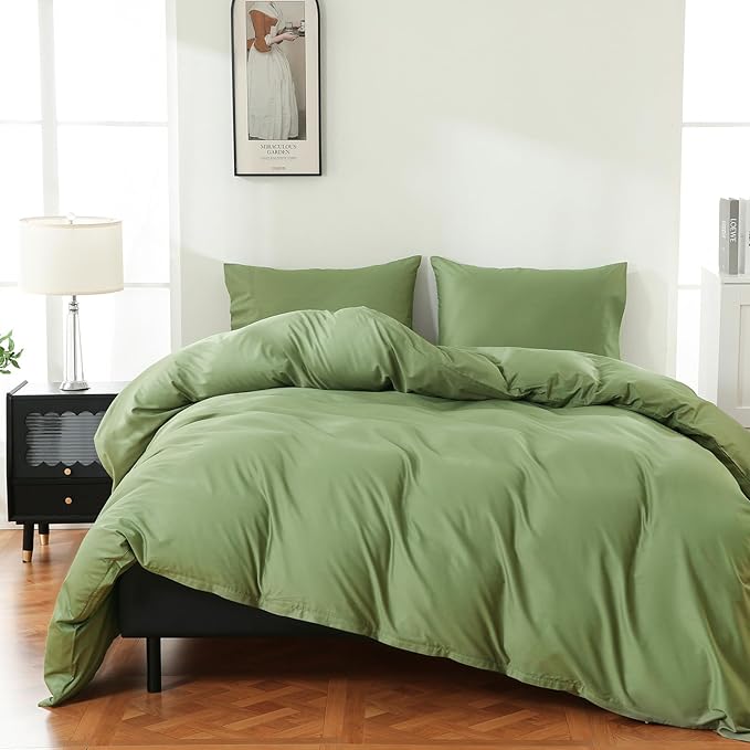 100% Organic Cotton Oversized King Duvet Cover 400 Thread Count Percale 120x98 Inches Sateen Comforter Cover Soft and Breathable Bedding Set 3 Piece（Olive Green,Oversized King）