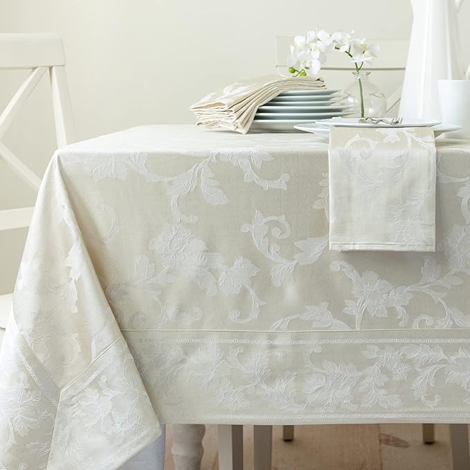 Benson Mills Harmony Scroll Woven Damask Fabric Tablecloth, Everyday, Parties, Special Occasions, Weddings and Holiday Table Cloth (60" X 144" Rectangular, Birch)