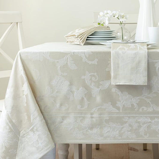 Benson Mills Harmony Scroll Woven Damask Fabric Tablecloth, Everyday, Parties, Special Occasions, Weddings and Holiday Table Cloth (60" X 144" Rectangular, Birch)