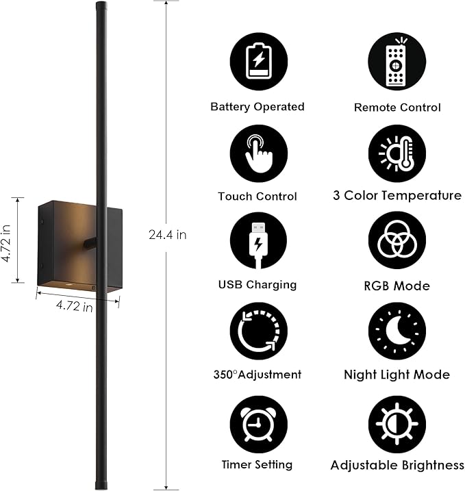 Battery Operated Wireless Wall Sconces Set of Two, with Remote, Dimmable, Warm White/Natural White/Daylight/RGB, 350°Rotate, LED Black Wireless Wall Light for Living Room, Bedroom, 24.4 Inch