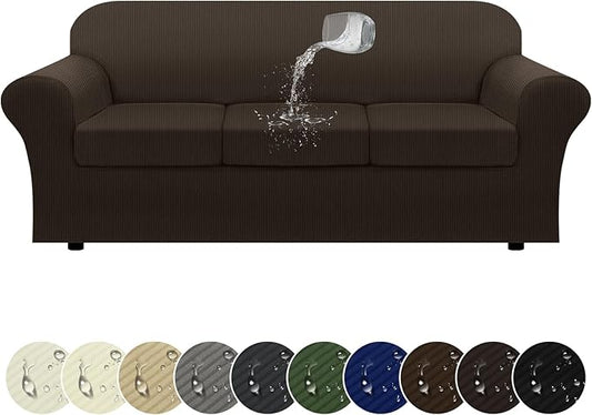 100% WaterproofCouch Cover 4-Piece Set Striped Sofa Slipcovers for 3 Cushion Couch Sofa Covers with TPU Leakproof Bottom Stretch Couch Protector Pet Proof - Sofa(3-Cushion), Brown