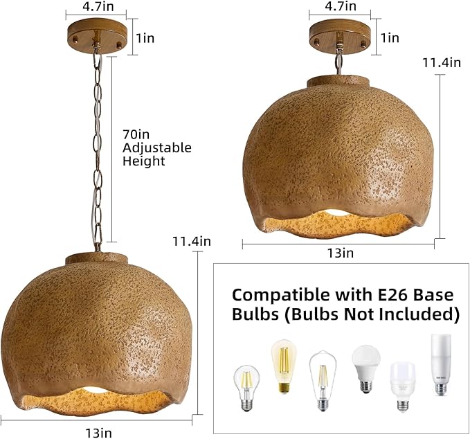 Rustic Barn Pendant Light, 13" Farmhouse Hanging Ceiling Light Fixture, Vintage Brown Dome Light for Kitchen Island, Dining Room, Living Room, Country Style, E26 Base