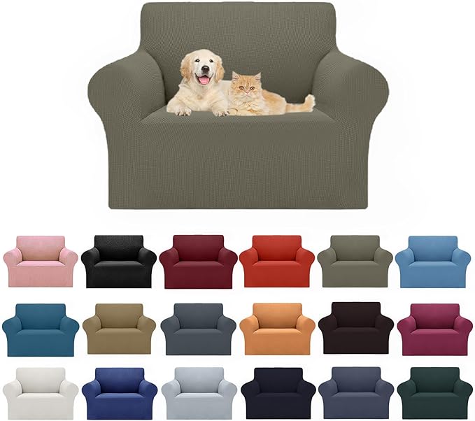 Cupuamon 2025 New Stretch Chair Sofa Slipcovers Couch Cover for 1 Seater Furniture Protector Sofa Covers with Elastic Bottom Jacquard Fabric Small Checks for Pets, Kids - Khaki
