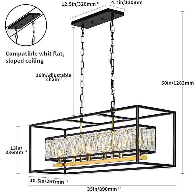 Vezzio Crystal Chandeliers for Dining Room Modern Crystal Chandelier 6-Light Rectangle Contemporary Pendant Light Fixture for Kitchen Island Bar L35 Inch