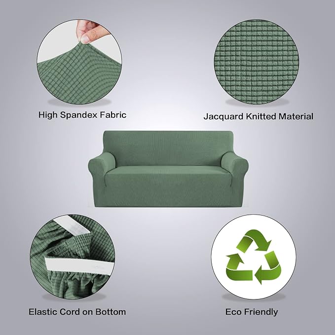H.VERSAILTEX Stretch Couch Covers for Sofa 1 Piece Slipcovers for Couches and Sofas 3 Seater Couch Cover Feature Thick Checked Jacquard Fabric with Elastic Bottom, Sofa Large - Loden Frost
