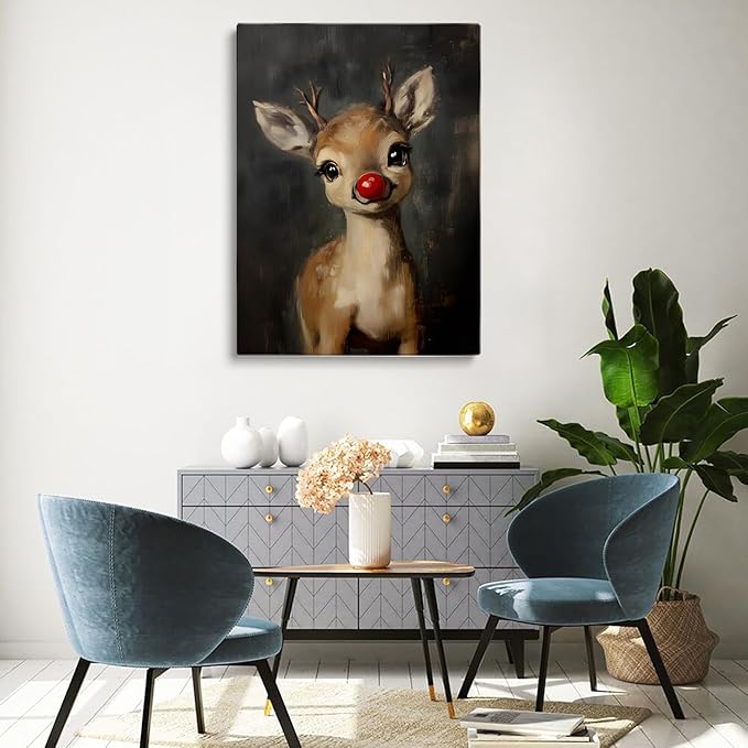 Christmas Red Nosed Reindeer Wall Art Prints,Cute Rudolph Reindeer Painting,Whimsical Baby Reindeer Canvas Prints,Moody Vintage Rudolph Poster,Rustic Christmas Nursery Home Decor