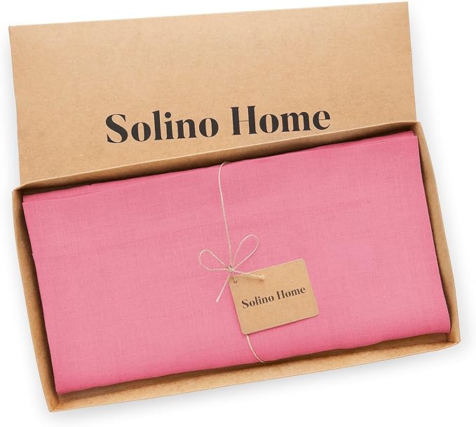 Solino Home Linen Tablecloth 52 x 52 Inch - 100% Pure Linen Pink Carnation Square Tablecloth - Fete, Machine Washable Table Throw