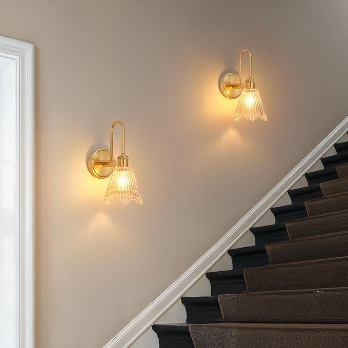 Wall Sconce Set of 2, Gold Vintage Light Fixtures with Long Amber Glass Lampshade, Hardwired Sconces Wall Lighting for Bedroom, Bathroom, Living Room | Includes 2 LED Bulbs
