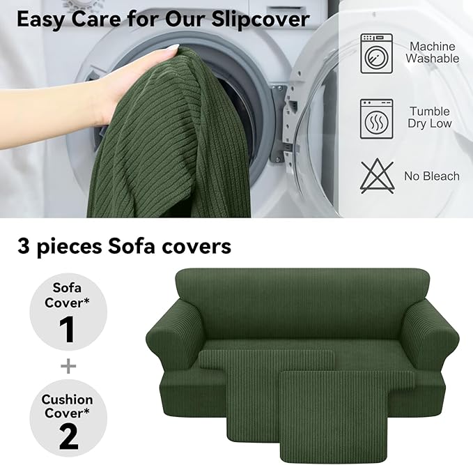 Waterproof Couch Cover 3-Piece Set Striped Sofa Slipcovers for 2 Separate T Cushion Couch - TPU Fabric Sofa Covers Leakproof Couch Protector for Kids, Pets(2 Cushion Sofa, Military Green)