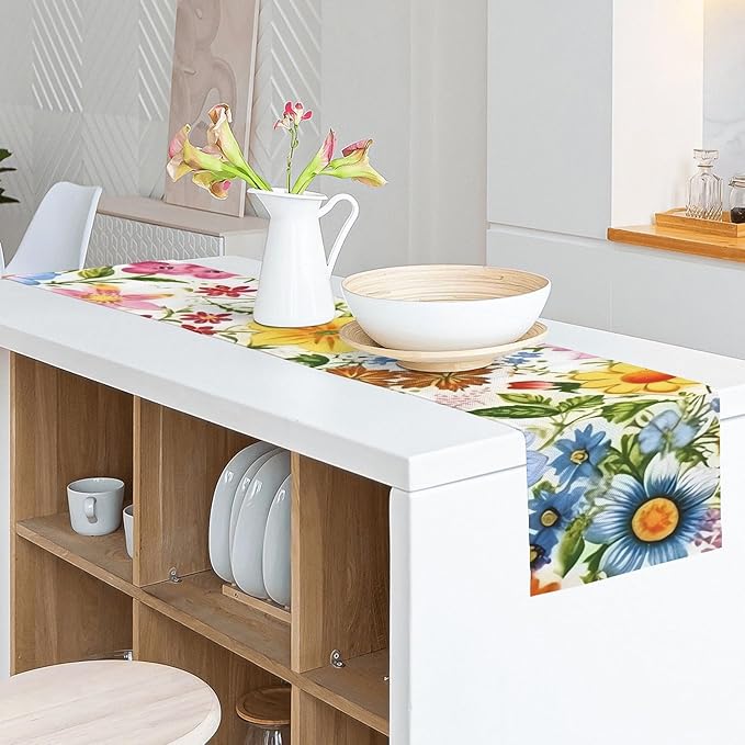 Colorful Flower Floral Table Runner 13x72 Inches Vintage Floral Faux Linen for Kitchen Dining Table Decor Wedding Birthday Party Holiday Celebration