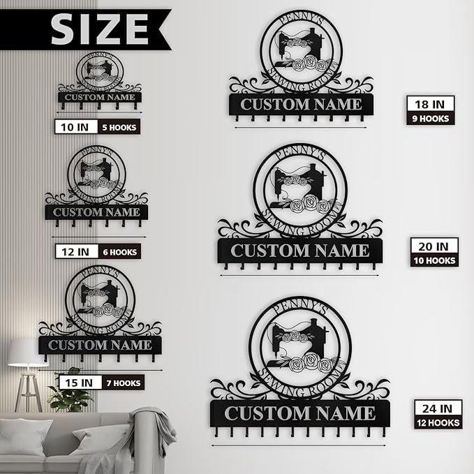 Personalized Key Holder Wall Mount - Custom Sewing Machine Design Key Hanger for Wall Art Decor, Metal Coat Rack Organizer with Hooks, Key Hanger for Bedroom Entryway Hallway, Personalized Gift