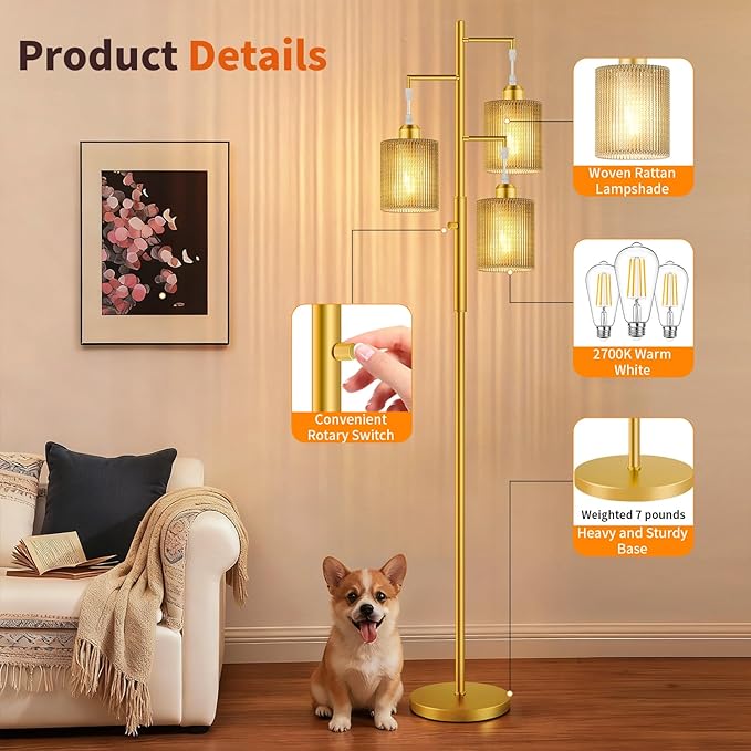 Hotsonic 72" Tall Boho Floor Lamp, Dimmable Standing Lamp with Handcrafted Rattan Beige Shade, Industrial Tree Floor Lamps for Living Room, Bedroom, Study Room, Office(3x800LM LED Bulbs Included)-Gold