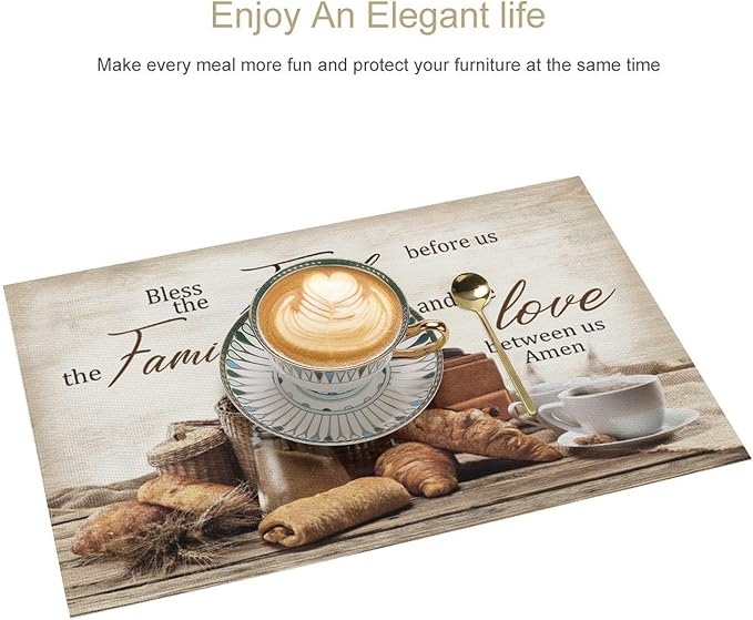 Coffee Placemat Set of 4, 12x18 Inch Rustic Bless The Food Before Us Bread Coffee Theme Farmhouse Washable Heat Resistant Table Mats for Outdoor Farmhouse Kitchen Dining Decor