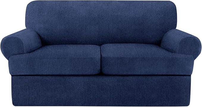 T Cushion Loveseat Slipcover 3 Pieces Sofa Covers for T Cushion Sofa Stretch Slip Covers for 2 Cushion Couch with 2 Individual T Shape Seat Covers (Navy, 2 Cushion)