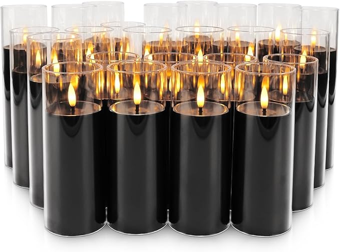 24-Pack Black Flameless LED Candles for Daily Home & Christmas Decor - Realistic Flickering Black Acrylic Pillars with Remote Timer, Perfect for Dining Table, Bedroom, Winter Mantel, Weddings