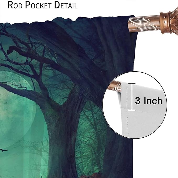Gothic Mushroom Blackout Window Curtains, Misty Dark Black Forest Moon Halloween Window Drapes, for Living Room Bedroom 31.5(W)*72(L) 2 Panels