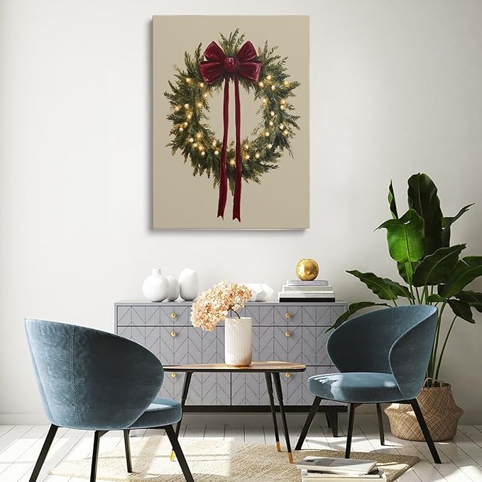 Vintage Burgundy Bow Christmas Wreath Wall Art Prints,Rustic Holiday Poster,Cozy Winter Greenery Decor,Christmas Cottagecore Prints