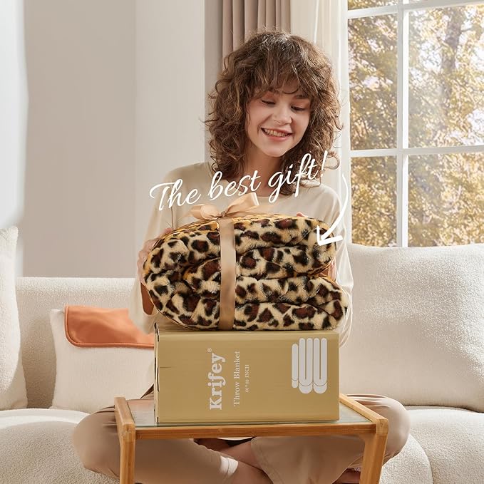 Krifey Leopard Print Blanket, Faux Fur Throws for Bed, Soft Cozy Fuzzy Fluffy Thick Warm Plush Cheetah Print Blanket, Christmas Birthday Gifts for Mom Dad Women Men, Room Decor, 50x60in