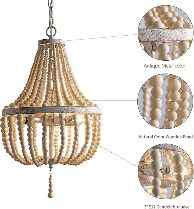 3-Lights Wood Bead Chandelier Boho Light Fixture,Antique Rustic Metal White Oak Beaded Chandelier Kitchen Island Pendant Lighting for Dining Room,Bedroom,Entryway,Foyer