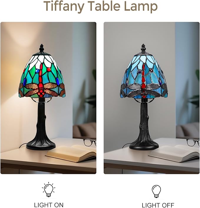 Tiffany Style Table Lamp - Dragonfly Stained Glass Lamps 6 Inch Small Tiffany Lamp Bedside Desk Lamps for Bedroom Living Room Home Office, Desk Reading Light Includes LED Bulb