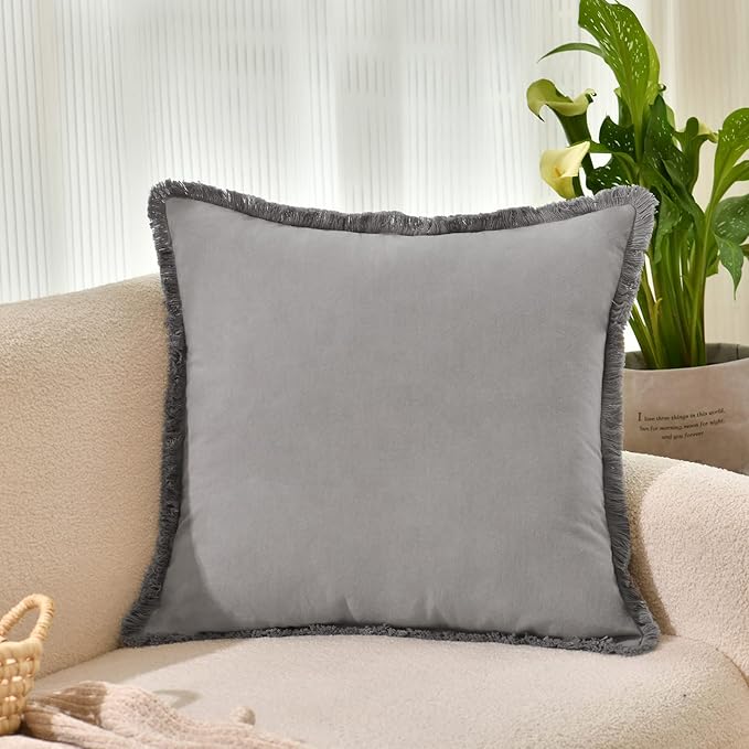 ZWJD Pillow Covers 22x22 Set of 2 Gray Throw Pillow Covers with Fringe Chic Cotton Decorative Pillows Square Cushion Covers for Sofa Couch Bed Living Room Farmhouse Boho Decor