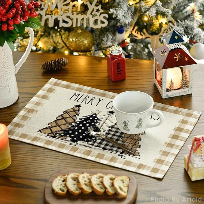Artoid Mode Watercolor Brown Buffalo Plaid Christmas Trees Placemats Set of 6, 12x18 Inch Winter Table Mats for Party Kitchen Dining Decoration