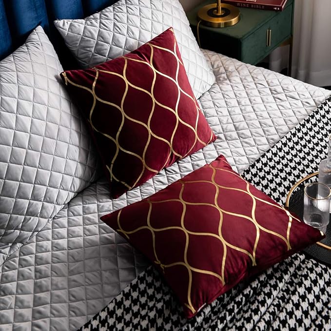 Gold Velvet Throw Pillow Covers: 2 Pack 18x18 Inch Square Decorative Pillow Cases for Bedroom Sofa Couch Living Room, Christmas Burgundy Red