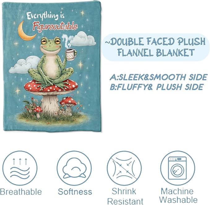 Funny Cartoon Frog Blanket,Playful Gifts for Animal Lovers,Soft Lightweight Throw Blankets,Whimsical Mushroom and Moon on Blue Throws Home Decor,for Camping Living Room Office,60x50inch