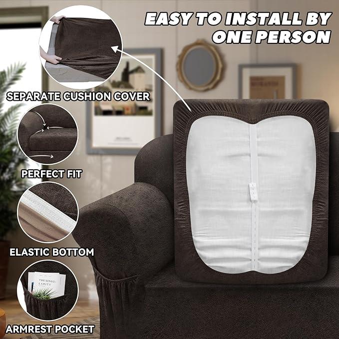 Sofa Slipcover with Armrest Pockets 4-Piece Set, Stretch Faux Leather Extra Large Couch Covers for 3-Cushion Couches(Fits 98-112") - Machine Washable, Pet & Kid Friendly - Light Brown