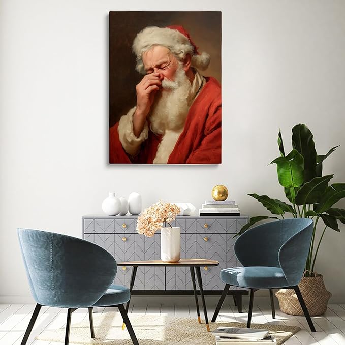 Funny Holiday Bathroom Print,Vintage Santa Plugging Nose Painting,Stinky Bathroom Wall Art,Santa Touching His Nose Prints