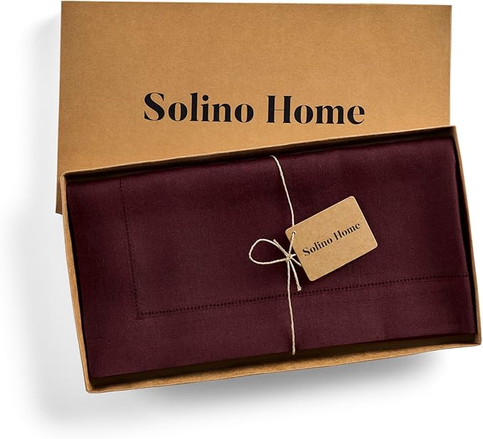 Solino Home Linen Square Tablecloth 52 x 52 Inch - 100% Pure Linen Burgundy Table Throw - Classic Hemstitch, Machine Washable Table Cloth for Fall, Autumn, Thanksgiving, Holiday, Winter