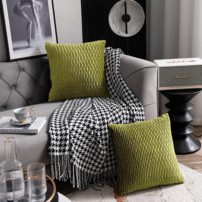 18x18 Moss Green Throw Pillow Cases: 2 Pack Original Striped Velvet Square Decorative Pillow Covers for Farmhouse Couch