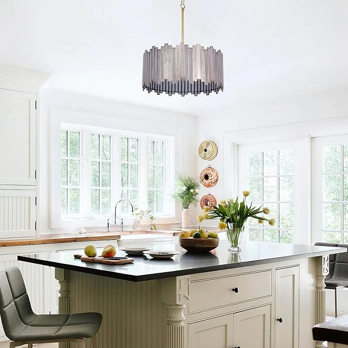Drum Chandelier 4-Light, Brass Gold Tiffany Pendant Lighting Fixture with Stained Grey Glass Shade, 16” Round Ceiling Hanging Lamp for Bedroom Dining Room Kitchen Entryway Living Room