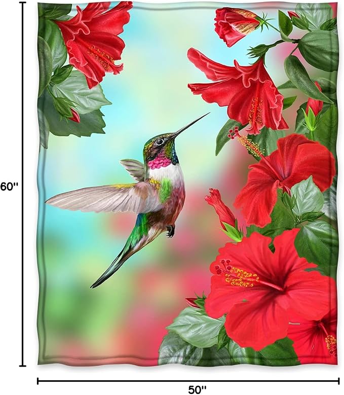 Jekeno Spring Hummingbird Floral Blanket Gifts for Women Kids Girls Mom Wife Birthday Mother's Day Presents Red Flowers Bird Decor for Home Bed Bedroom Soft Cozy Plush Throw Blanket 50"x60"