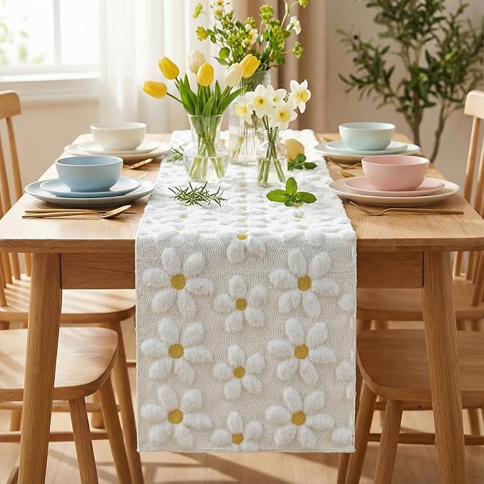 Artoid Mode White Soft Plush Faux Fur Jacquard Embroidery Daisy Spring Table Runner, Kitchen Dining Table Decoration for Home Party Decor 13x48 Inch