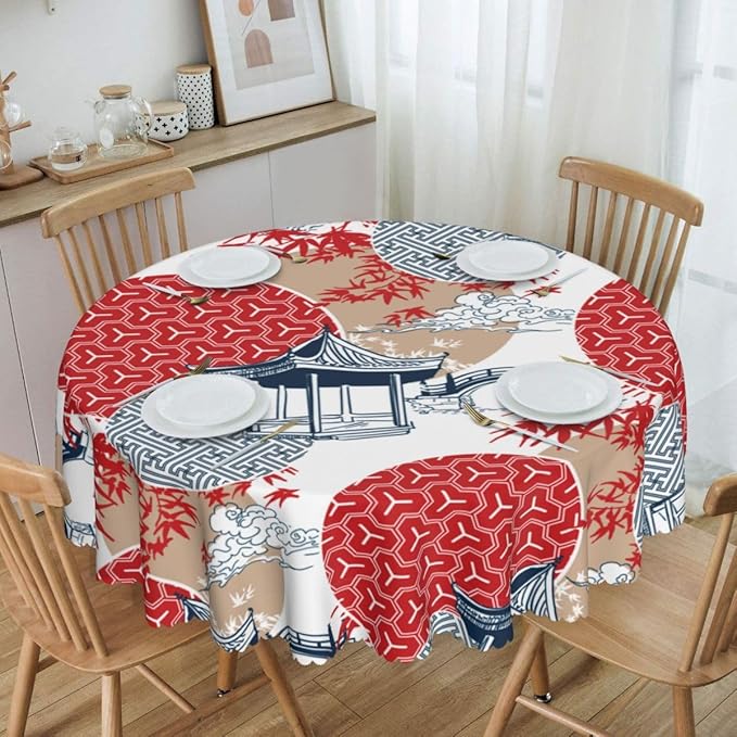 Japanese Tablecloth, Traditioanal Chinese Landscape Oriental Vintage Eastern Water Resisitant Wipeable Table Cover for Dining Kitchen Living Room Home Party Holiday Decor 70 inch Round