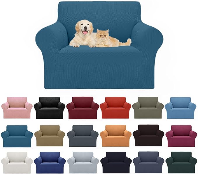Cupuamon 2025 New Stretch Chair Sofa Slipcovers Couch Cover for 1 Seater Furniture Protector Sofa Covers with Elastic Bottom Jacquard Fabric Small Checks for Pets, Kids - Peacock Blue