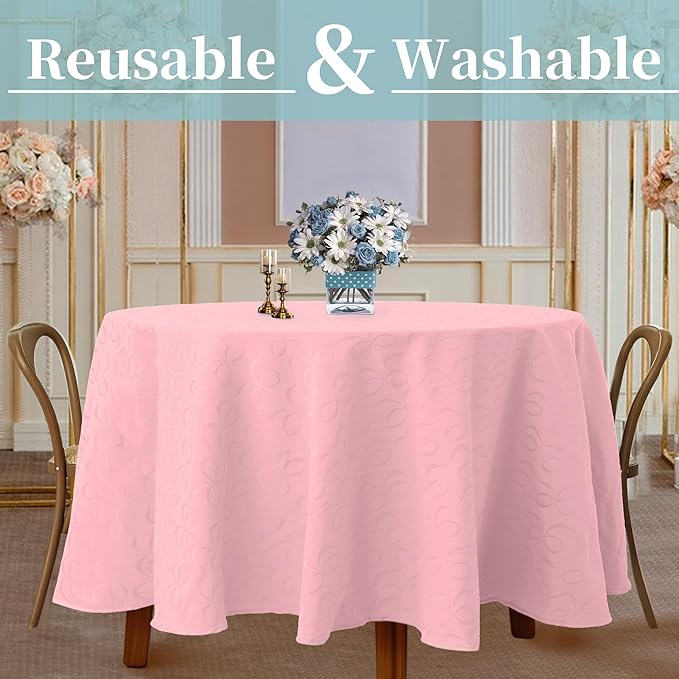 Pink Round Tablecloth, 1PC Circle Table Cover 70" (Seat 4-6) - Cotton Polyester Blend,Fade Resistant, Washable & Reusable - Luxury Jacquard Table Cloth for Birthday Parties & Weddings, Bows Design